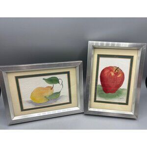 Set Of 2 Framed Watercolor Fruit Prints Apple & Pear Signed Decor Kitchen